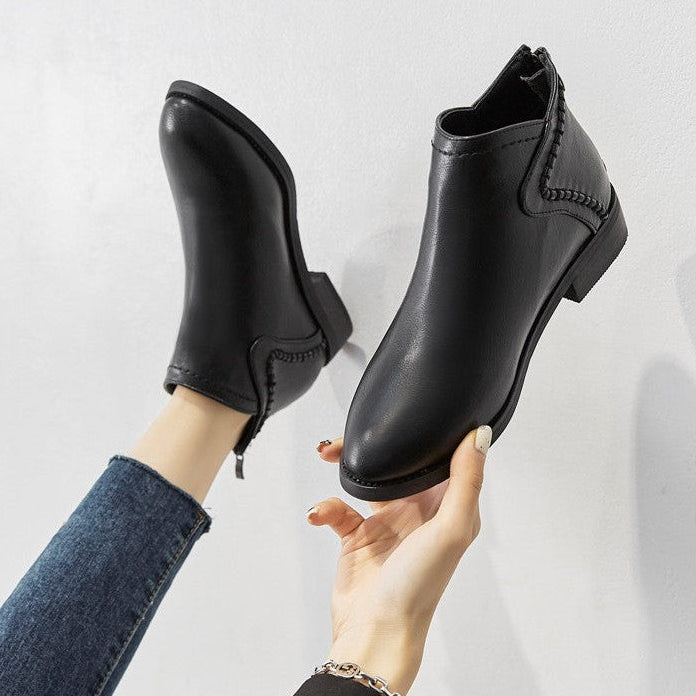 Women's Classic Black Flat Ankle Boots with Back Zipper