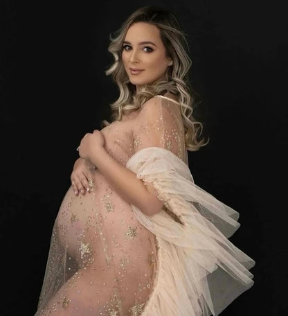 Sparkly Star Mesh Maternity Photography Dress - Sheer Flare Sleeve Cover-Up