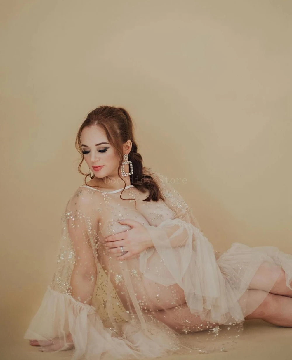 Sparkly Star Mesh Maternity Photography Dress - Sheer Flare Sleeve Cover-Up
