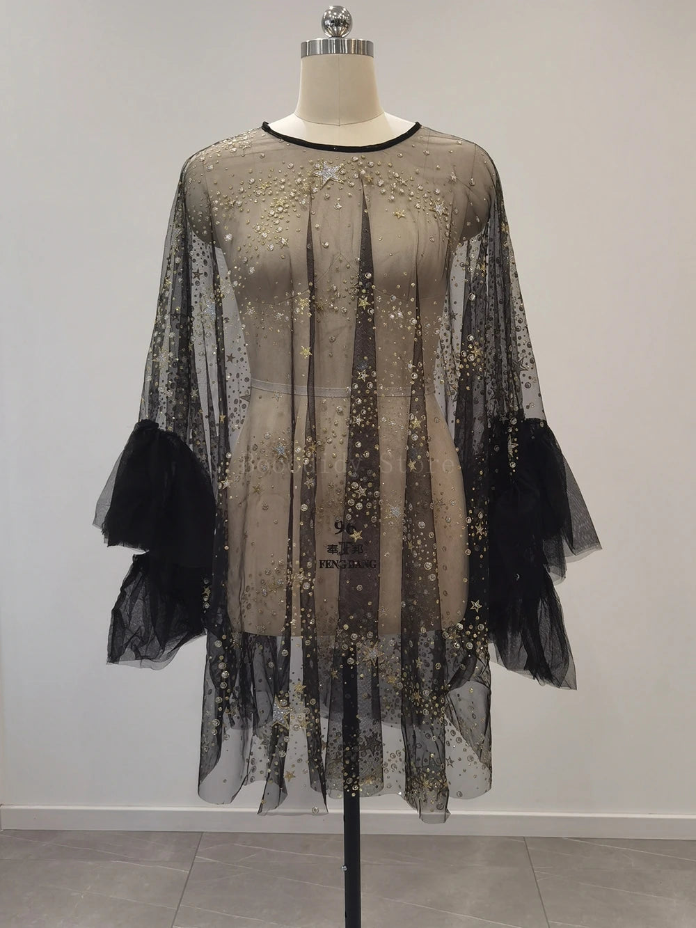 Sparkly Star Mesh Maternity Photography Dress - Sheer Flare Sleeve Cover-Up