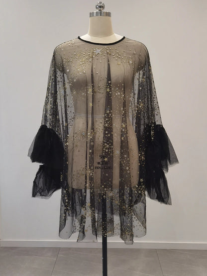 Sparkly Star Mesh Maternity Photography Dress - Sheer Flare Sleeve Cover-Up