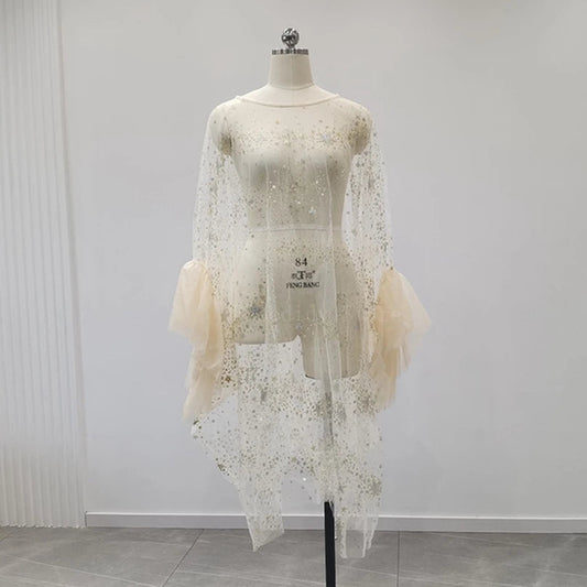 Sparkly Star Mesh Maternity Photography Dress - Sheer Flare Sleeve Cover-Up