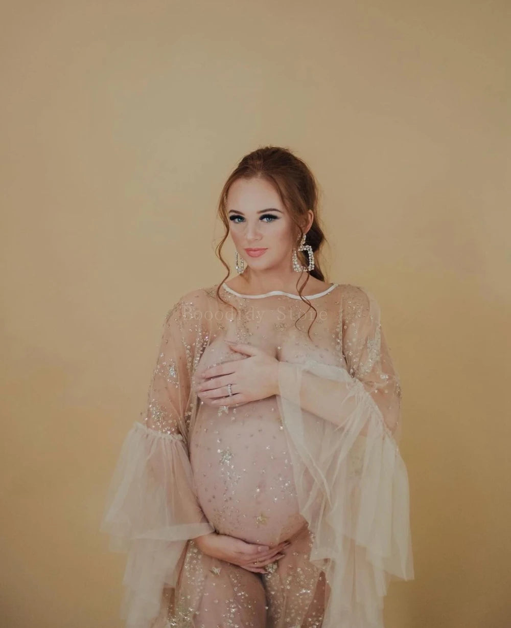 Sparkly Star Mesh Maternity Photography Dress - Sheer Flare Sleeve Cover-Up