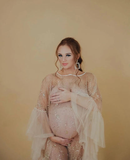 Sparkly Star Mesh Maternity Photography Dress - Sheer Flare Sleeve Cover-Up