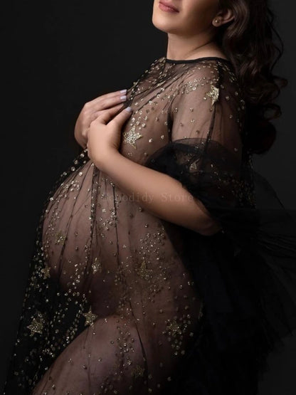 Sparkly Star Mesh Maternity Photography Dress - Sheer Flare Sleeve Cover-Up