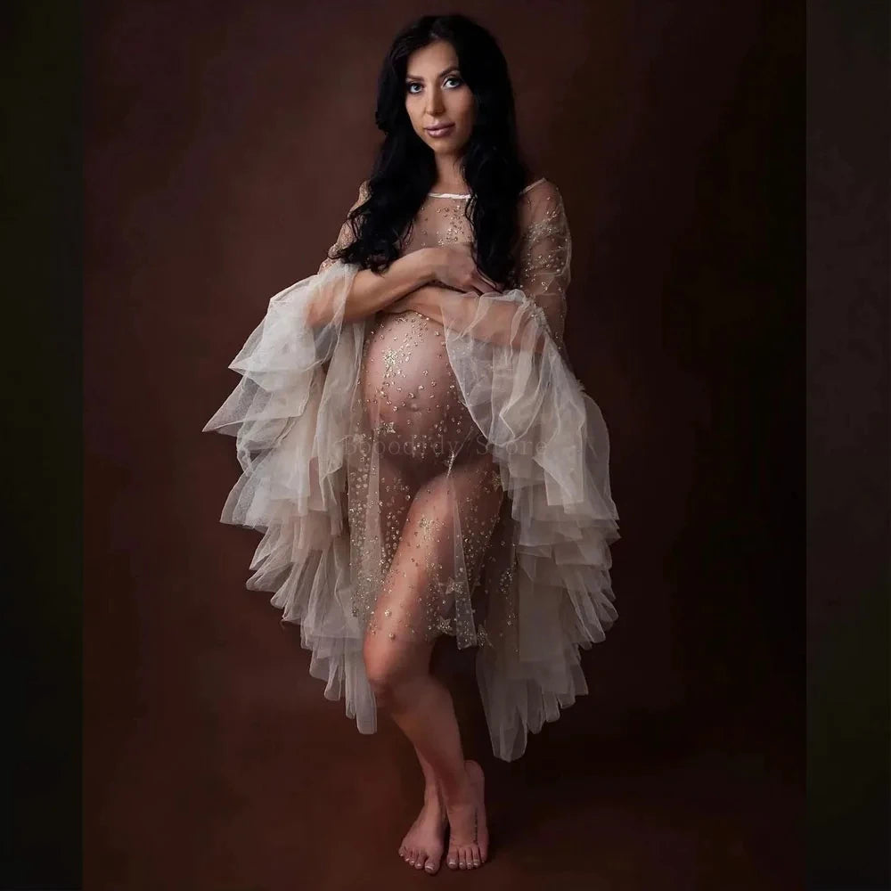 Sparkly Star Mesh Maternity Photography Dress - Sheer Flare Sleeve Cover-Up
