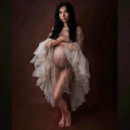 Sparkly Star Mesh Maternity Photography Dress - Sheer Flare Sleeve Cover-Up