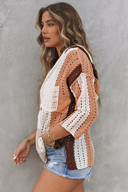 Chic Colorblock Striped Hooded Sweater - Boho Cut Out Knit Pullover
