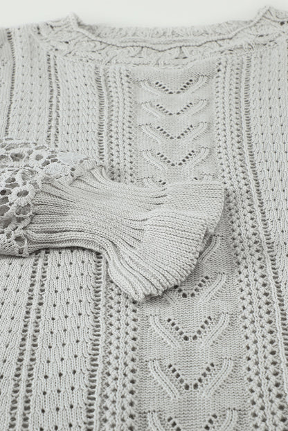Boho Chic Crochet Knit Sweater - Breezy White Pointelle Pullover