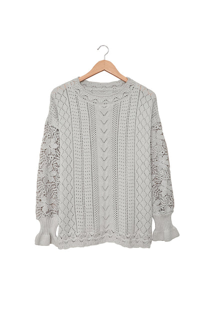 Boho Chic Crochet Knit Sweater - Breezy White Pointelle Pullover