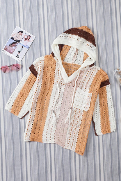 Chic Colorblock Striped Hooded Sweater - Boho Cut Out Knit Pullover