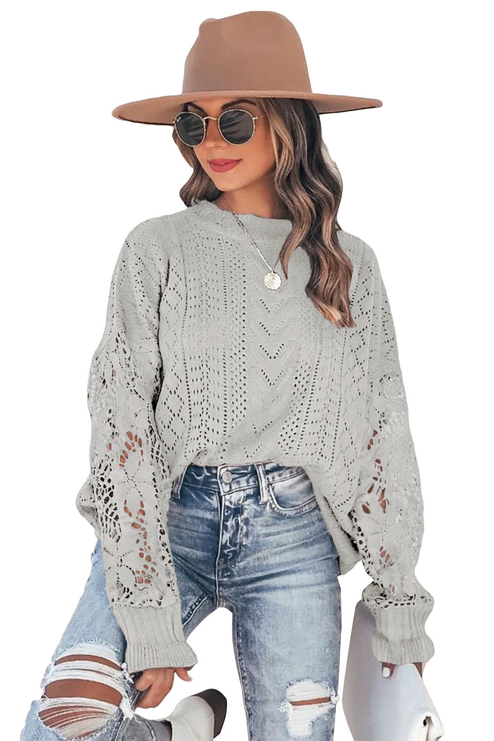 Boho Chic Crochet Knit Sweater - Breezy White Pointelle Pullover