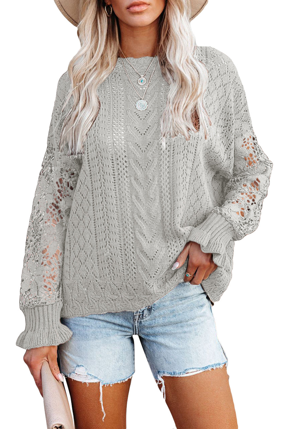 Boho Chic Crochet Knit Sweater - Breezy White Pointelle Pullover
