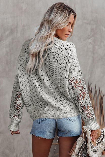 Boho Chic Crochet Knit Sweater - Breezy White Pointelle Pullover