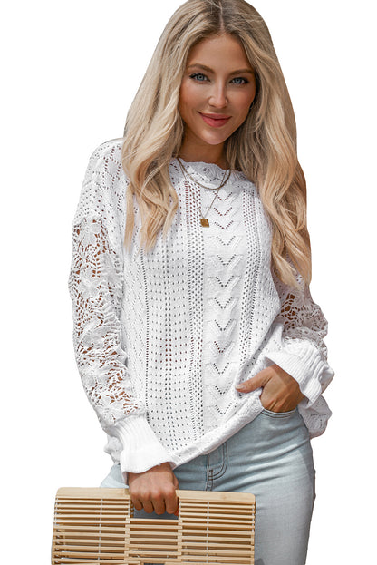 Boho Chic Crochet Knit Sweater - Breezy White Pointelle Pullover
