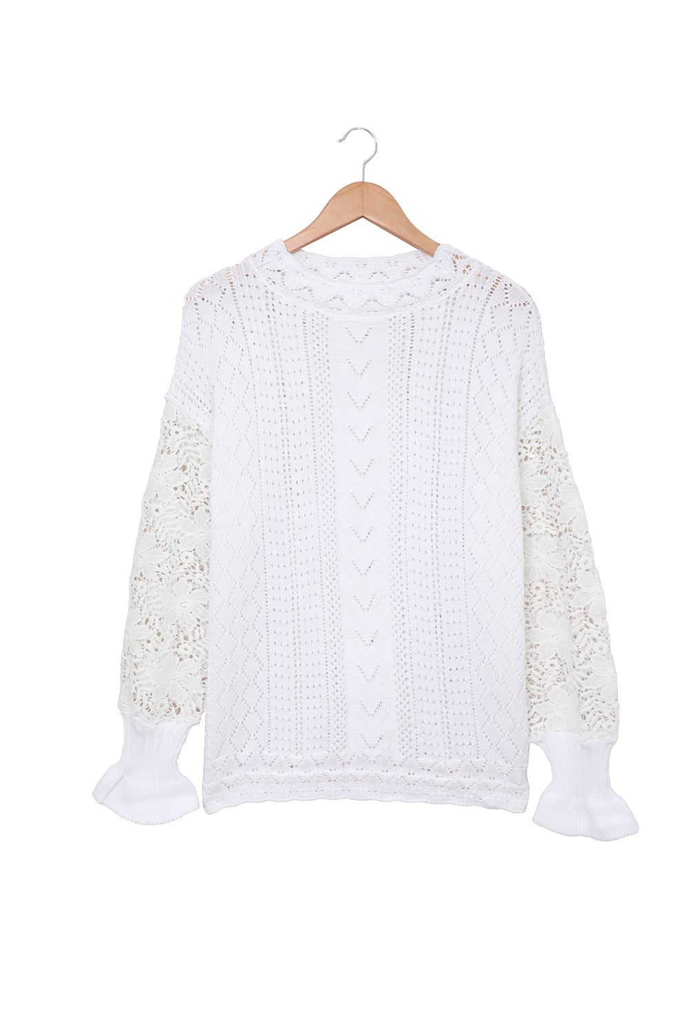 Boho Chic Crochet Knit Sweater - Breezy White Pointelle Pullover