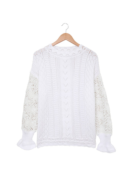Boho Chic Crochet Knit Sweater - Breezy White Pointelle Pullover