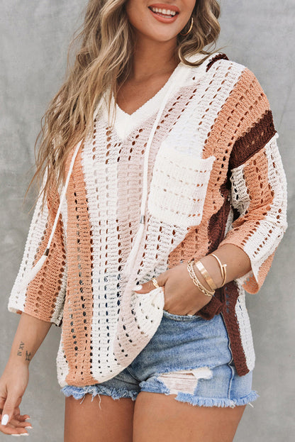 Chic Colorblock Striped Hooded Sweater - Boho Cut Out Knit Pullover