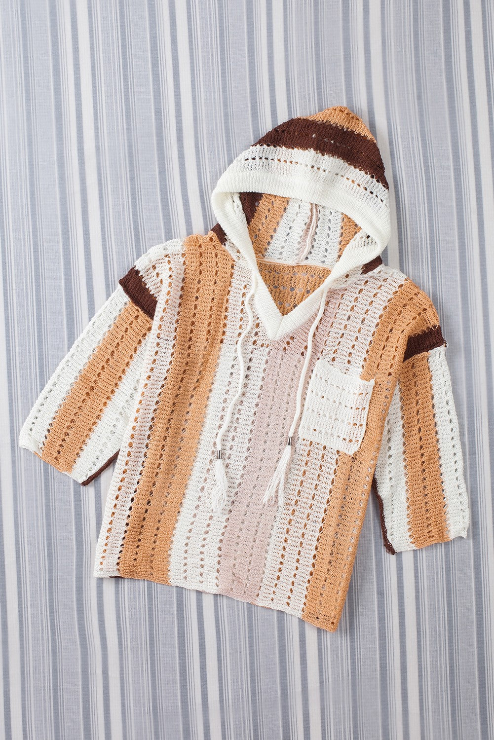 Chic Colorblock Striped Hooded Sweater - Boho Cut Out Knit Pullover