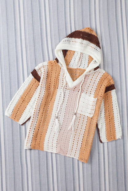 Chic Colorblock Striped Hooded Sweater - Boho Cut Out Knit Pullover