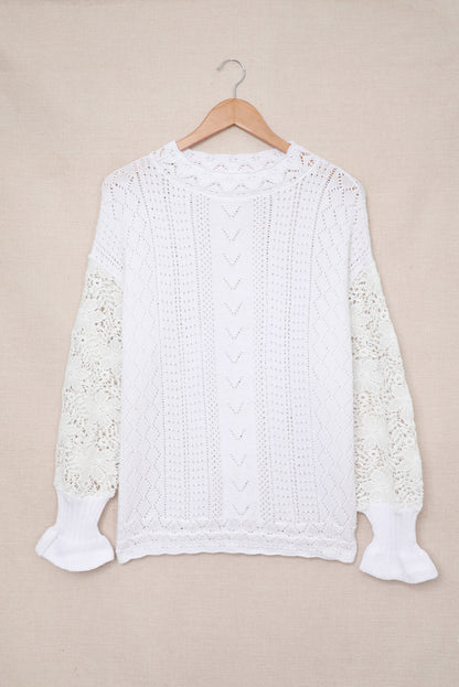 Boho Chic Crochet Knit Sweater - Breezy White Pointelle Pullover