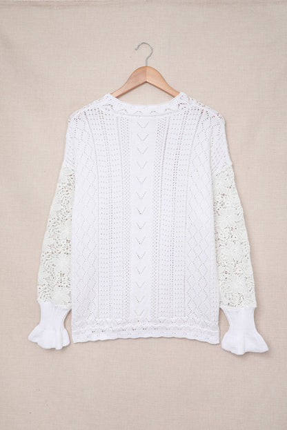 Boho Chic Crochet Knit Sweater - Breezy White Pointelle Pullover