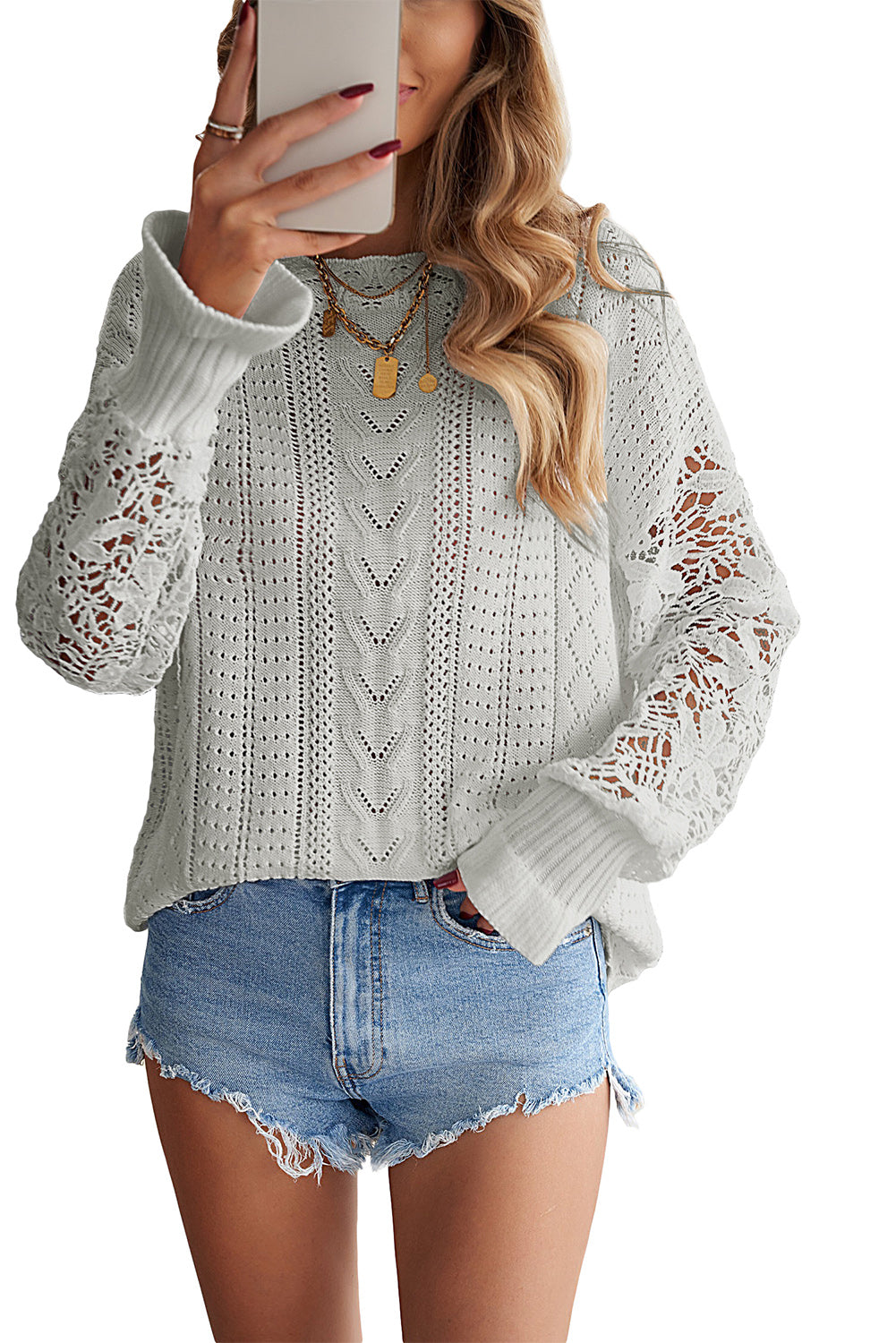 Boho Chic Crochet Knit Sweater - Breezy White Pointelle Pullover