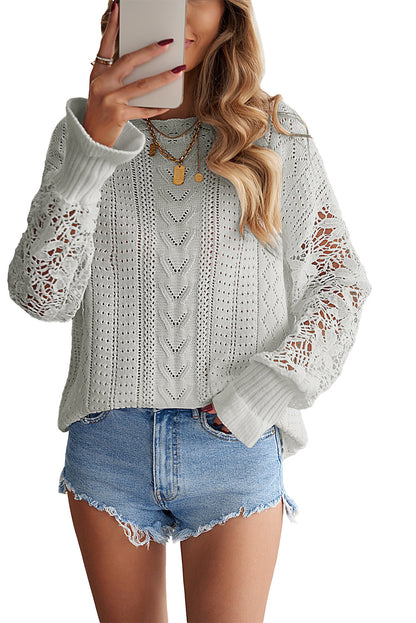 Boho Chic Crochet Knit Sweater - Breezy White Pointelle Pullover