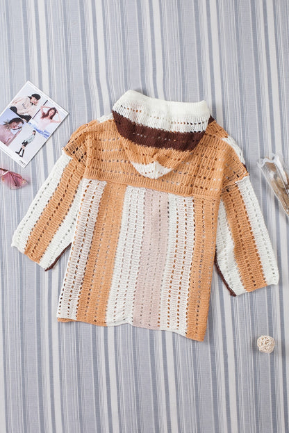 Chic Colorblock Striped Hooded Sweater - Boho Cut Out Knit Pullover