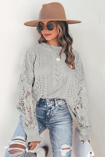 Boho Chic Crochet Knit Sweater - Breezy White Pointelle Pullover